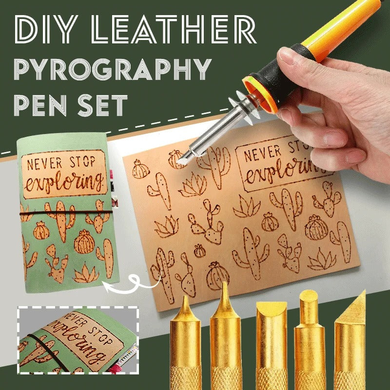 7-Piece Leather & Wood Burning Pen Set with Stand